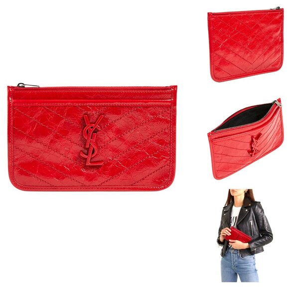 SAINT LAURENT Niki Crinkled Leather Bill Pouch – Red - Picture 1 of 5